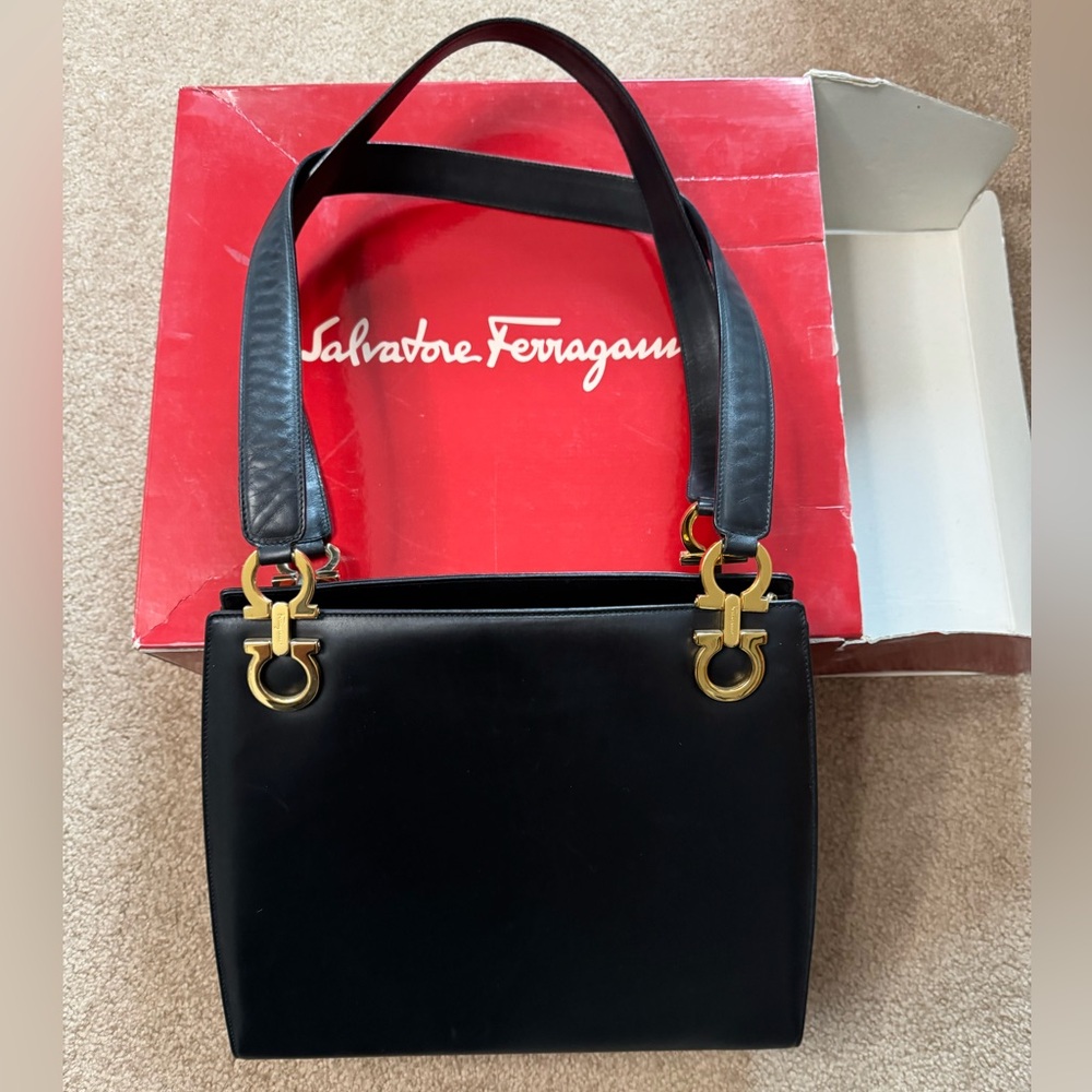 Salvatore Ferragamo Black Leather Shoulder Bag with Gold Hardware